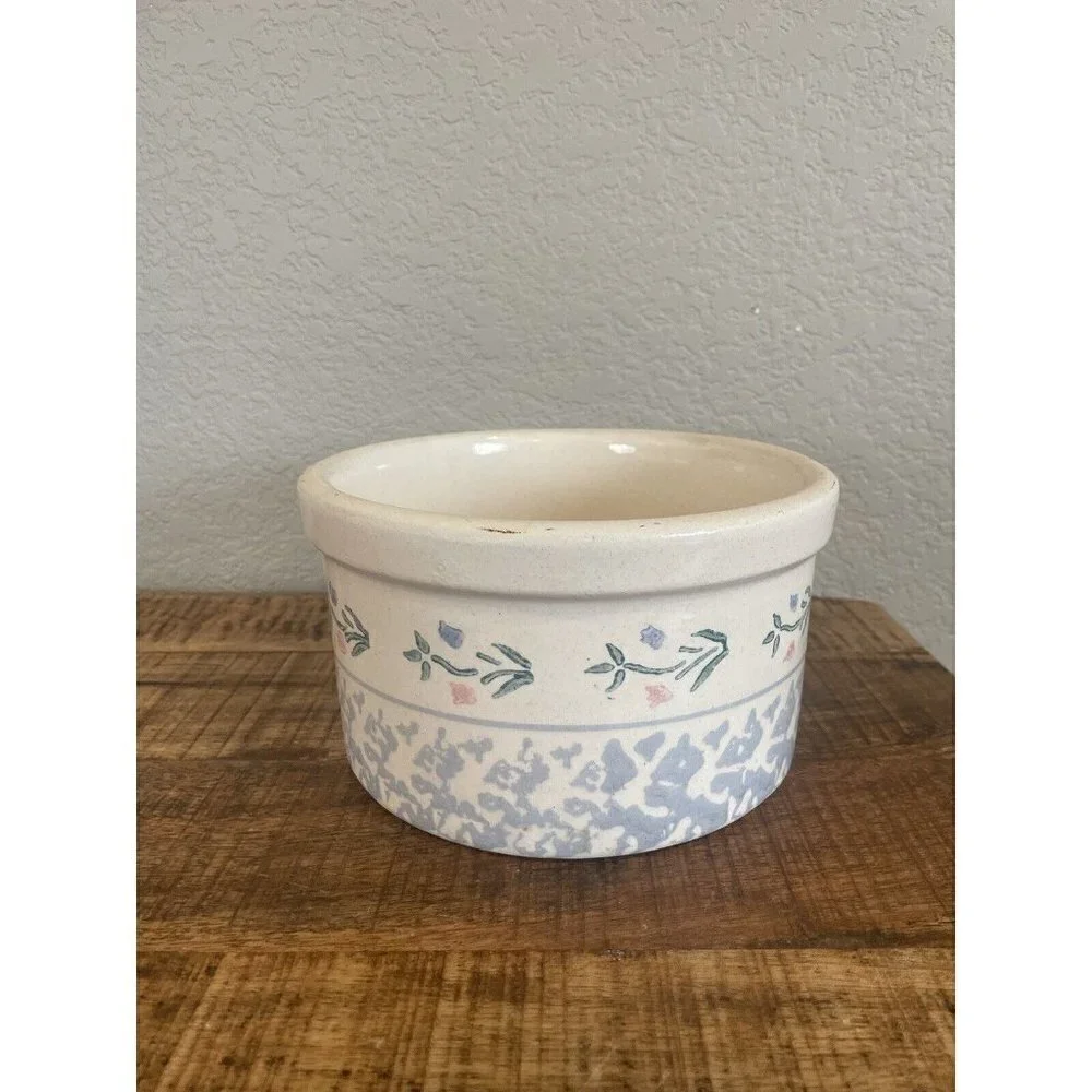 Salt Glaze Decorated Crock flowers 4.5” High Country Primitive storage unmarked